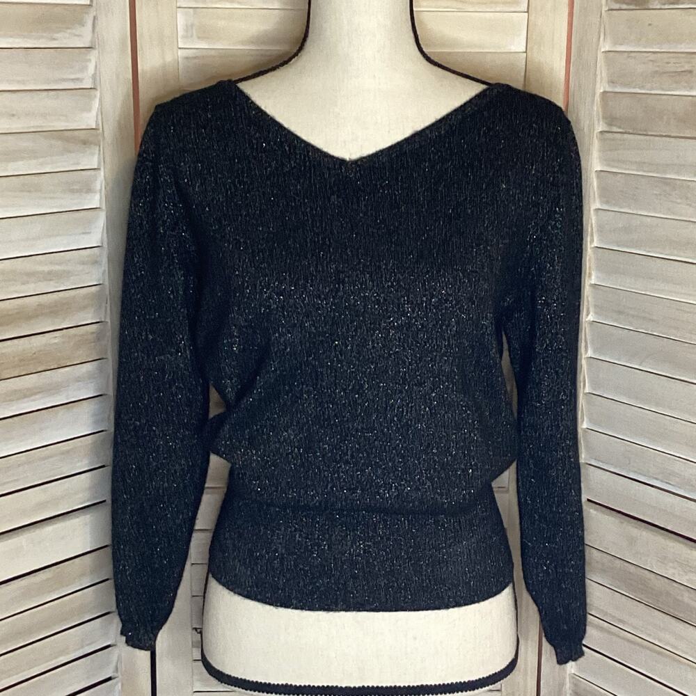 Jumper 1234 Black Multi Color Metallic Shimmer Double V Neck Cashmere Sweater S